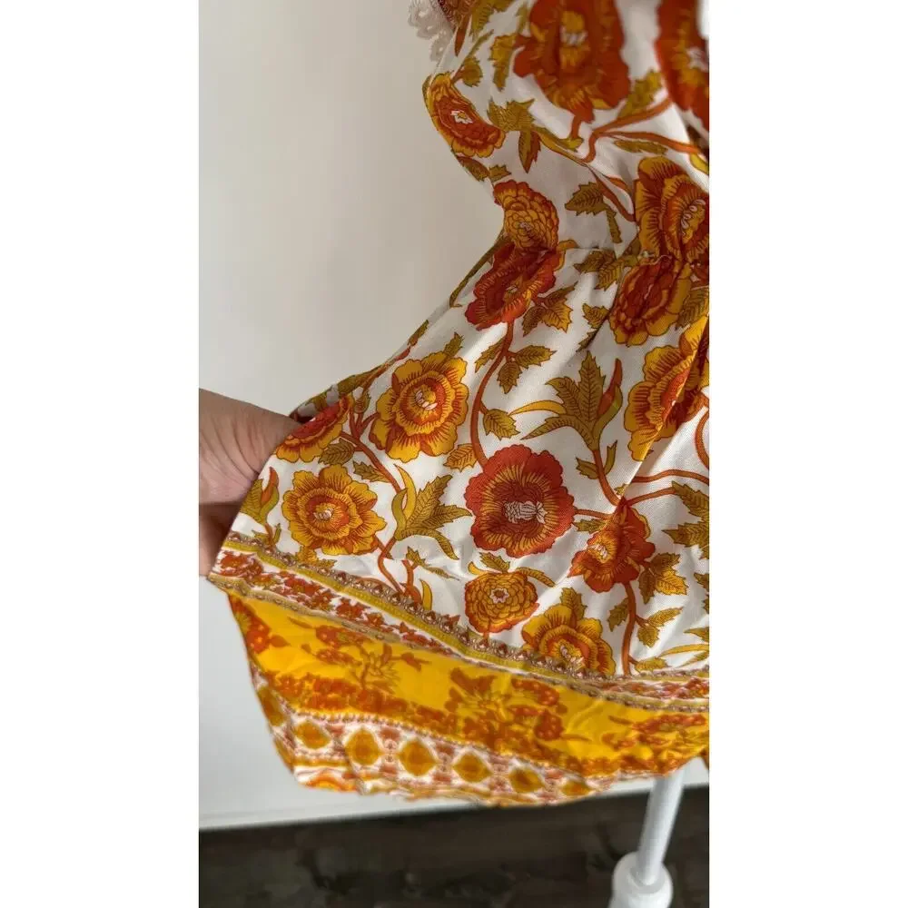 Entro Womens Orange Gold Floral Playsuit Romper Elastic Waist Size Small NWT